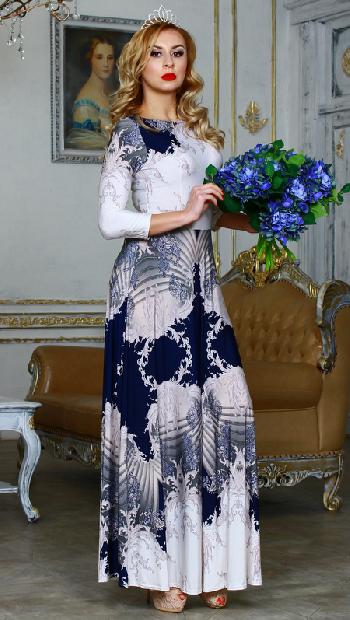 платье "Лаура" 6207-4-макси орнамент крем/синий